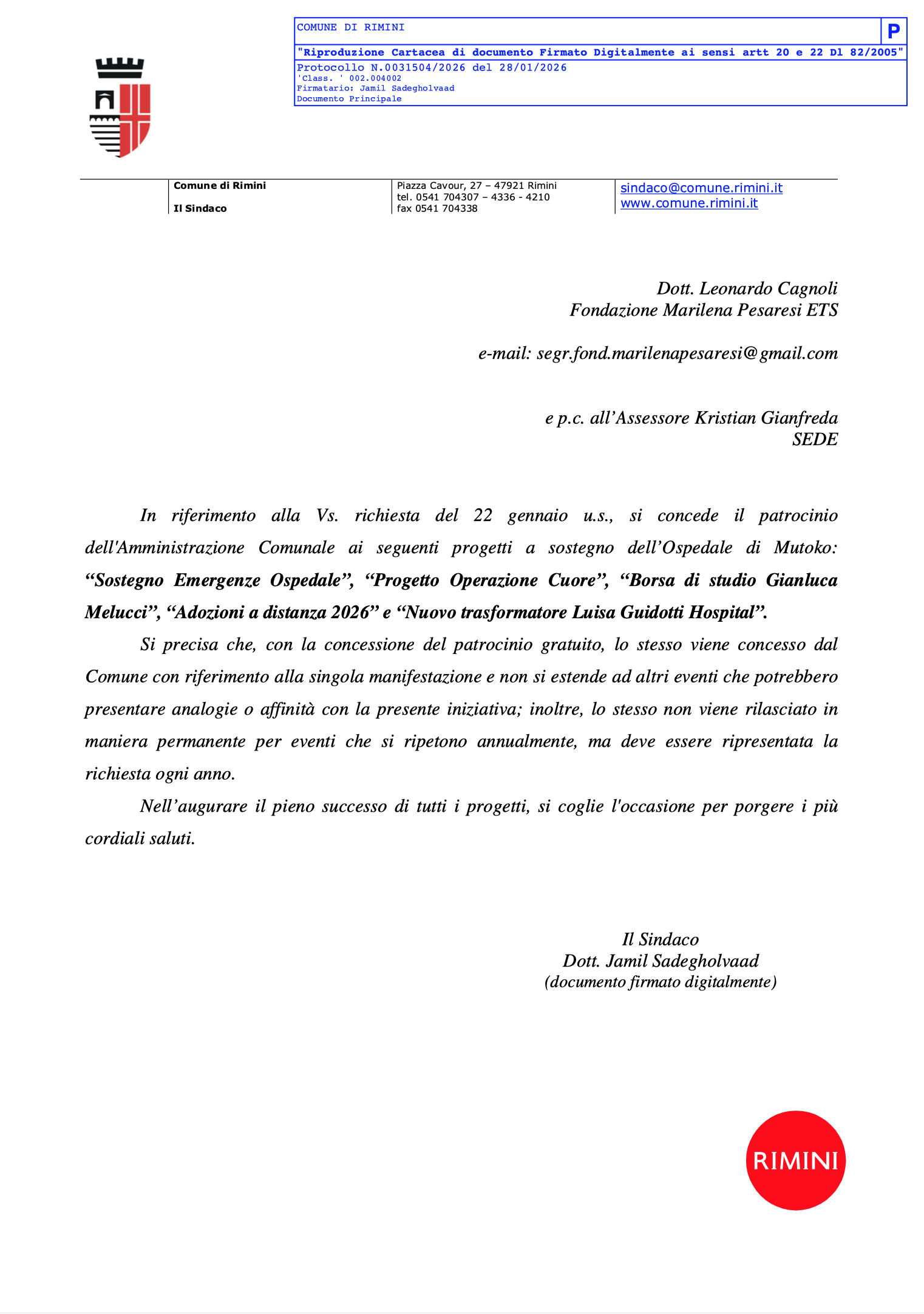 Patrocinio Comune di Rimini per attività Fondazione 2026